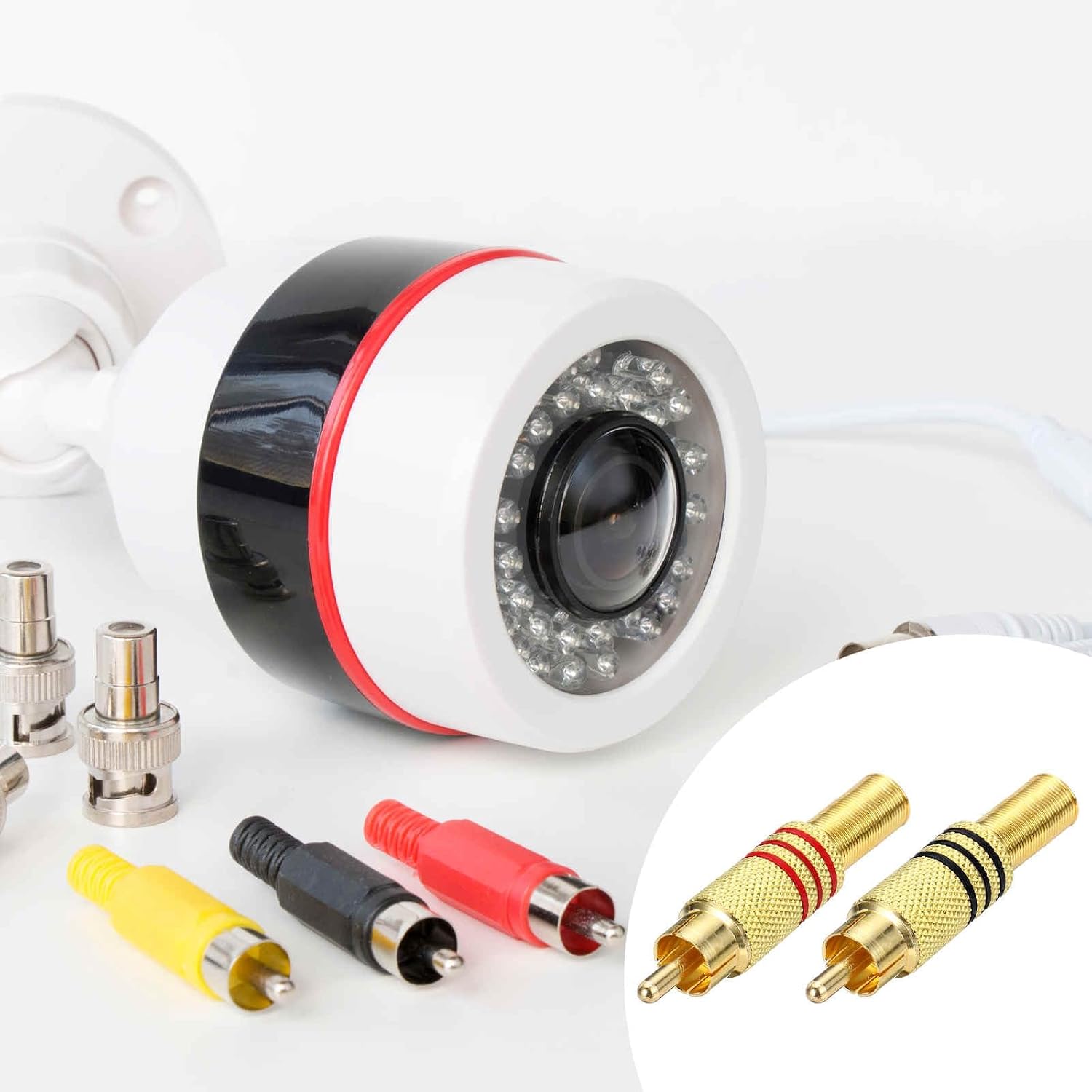 MECCANIXITY 10PcsRCA Male Plugs/Connector/Adapter, Speaker Wire Connector, RCA Solderless Gold-Plated Copper Male Stereo Audio Connector Adapter 8MM Jack(Gold，Red/Black Rubber Ring)