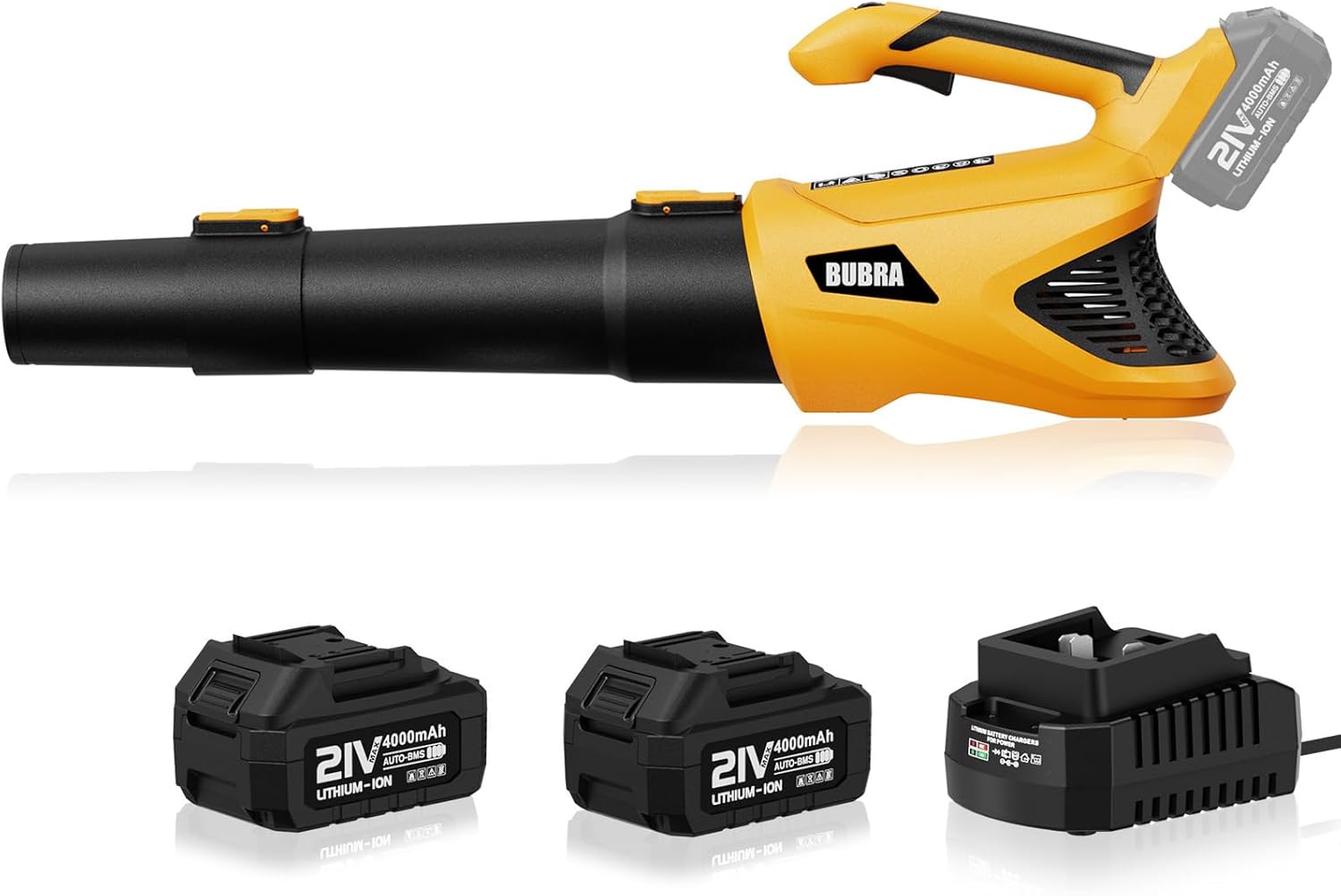 Leaf Blower Cordless 21V 500CFM Powerful Electric Leaf Blower with (2) 4.0Ah Batteries and Charger, Variable-Speed, Handheld Rechargeable Battery Powered Blowers for Lawn Care, Yard Clearance, Leaves Yellow