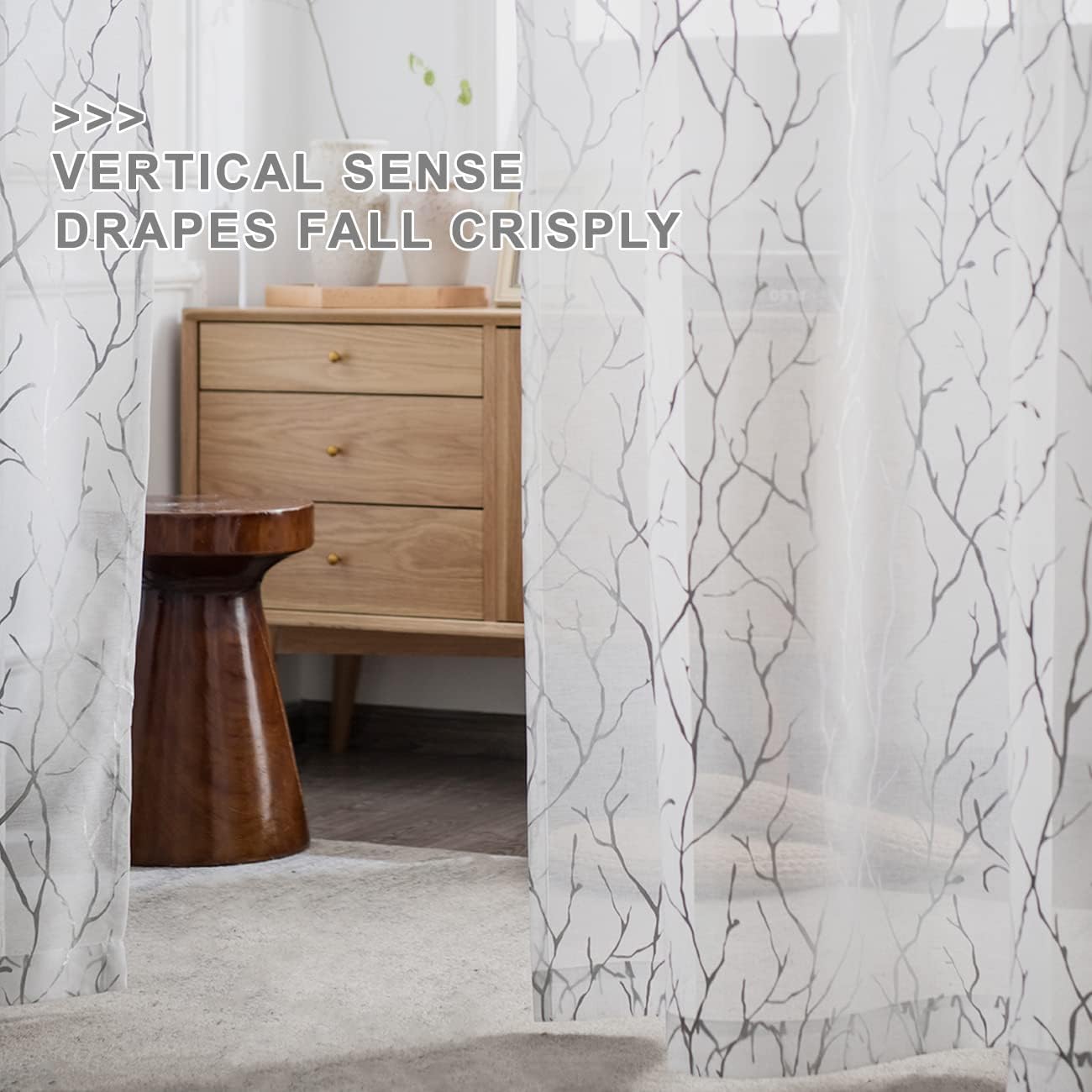 FINECITY Tree Curtains for Living Room - White Sheer Curtains 72 Inches Long Silver Foil Tree Branch Design Print Curtain 2 Panels for Bedroom, 52 x 72 Inch, 1 Pair, Silver and White