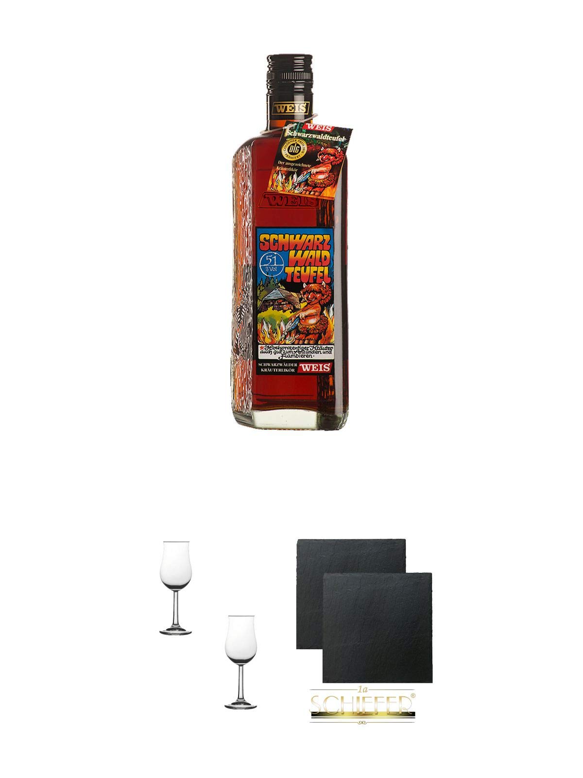 Elztalbrennerei Georg Weis Schwarzwald Teufel 1,0 Liter + Nosing Gläser Kelchglas Bugatti mit Eichstrich 2cl und 4cl - 2 Stück + Schiefer Glasuntersetzer eckig ca. 9,5 cm Ø 2 Stück