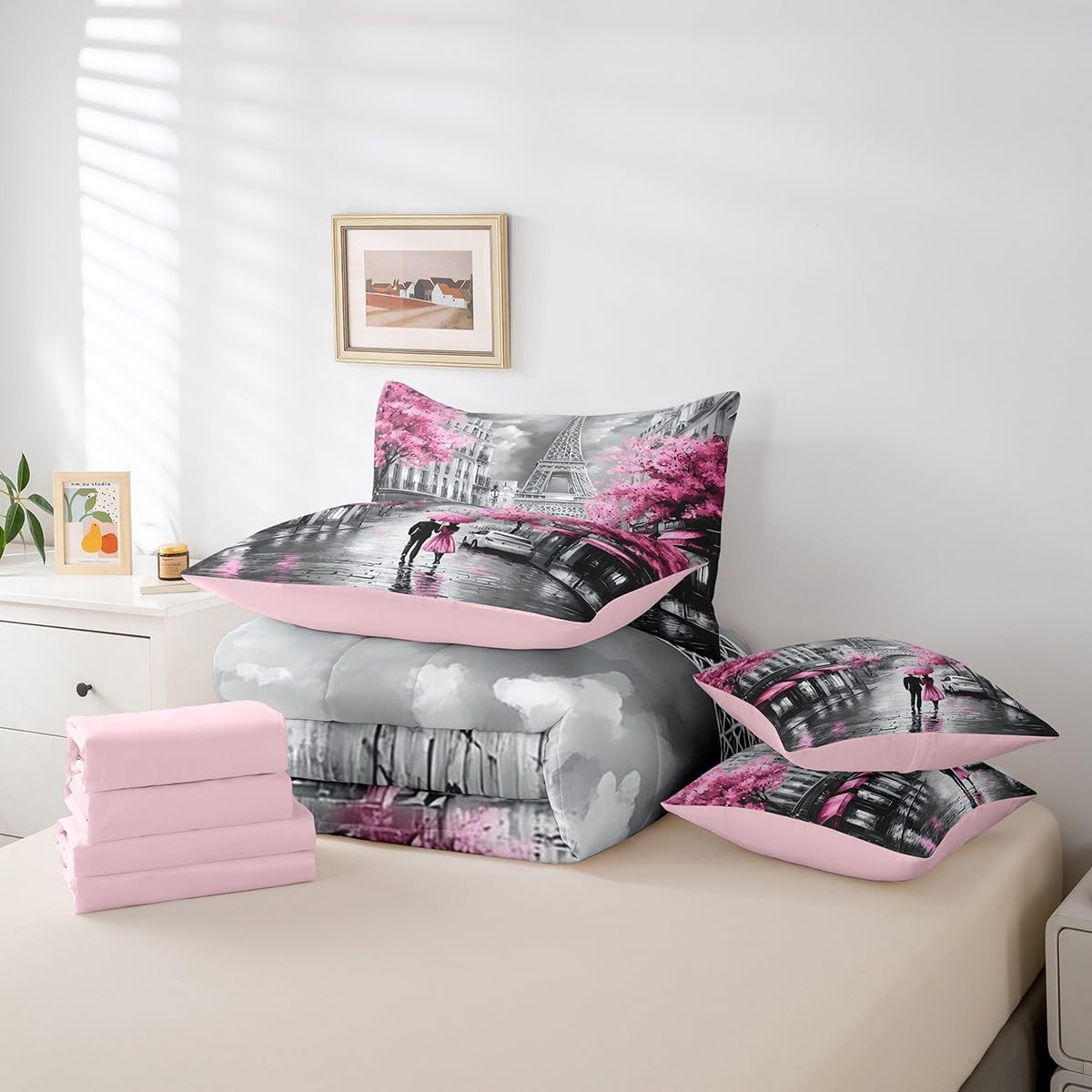 Erosebridal Eiffel Tower 7 Piece Bed in a Bag Queen,Paris of France Bedding Set Bed Sheets for Women Girls Lovers,Romantic City Comforter Set,Watercolor Oil Painting Paris Sheet Set with Comforter