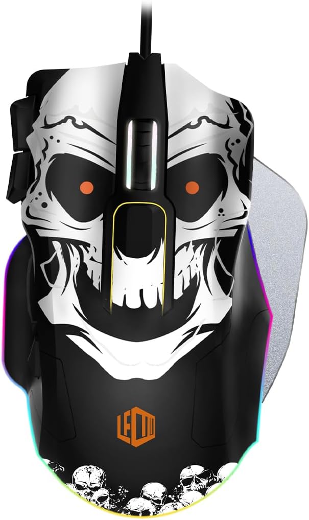 Lecoo MG1102 Kablolu RGB LED Aydınlatmalı 8200DPI 10 Makro Tuşlu Kuru Kafa Desenli Win Mac Gaming Optik Mouse ve Mouse Pad Siyah