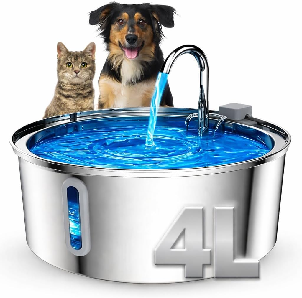 Wireless Cat Water Fountain Stainless Steel, 4L Automatic Water Dispenser for Dogs, Cats & Other pet, Quiet Filtered Drinking Fountain with Dual Water Outlets and USB Power for Indoor Use