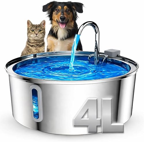 Fuente de agua inalámbrica para gatos de acero inoxidable, dispensador automático de agua de 4 litros para perros, gatos y otras mascotas, fuente de
