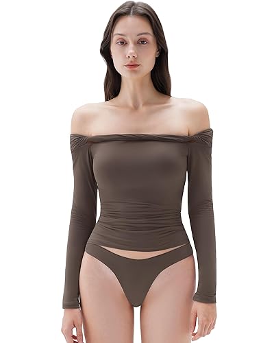 SUUKSESS Women Padded Off The Shoulder Tops Double Lined Going Out Fitted Basic Fall Shirts - Small - Brown