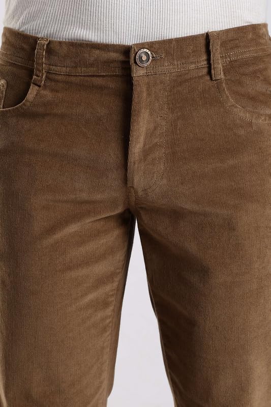 Image of NEVER NEUD Men's Corduroy Trousers, Stylish Mid Rise Straight Fit Pants for Men, 98% Cotton 2% Elastane, Button Closure, 4 Pockets (Khakhi, 32)
