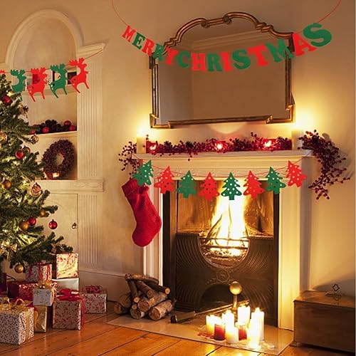 Miniatura 4 de Marbrasse Cartel de fieltro de Navidad de 3 piezas, pancarta de Feliz Navidad, rojo, verde, Papá Noel, reno, árbol de Navidad, decoración de