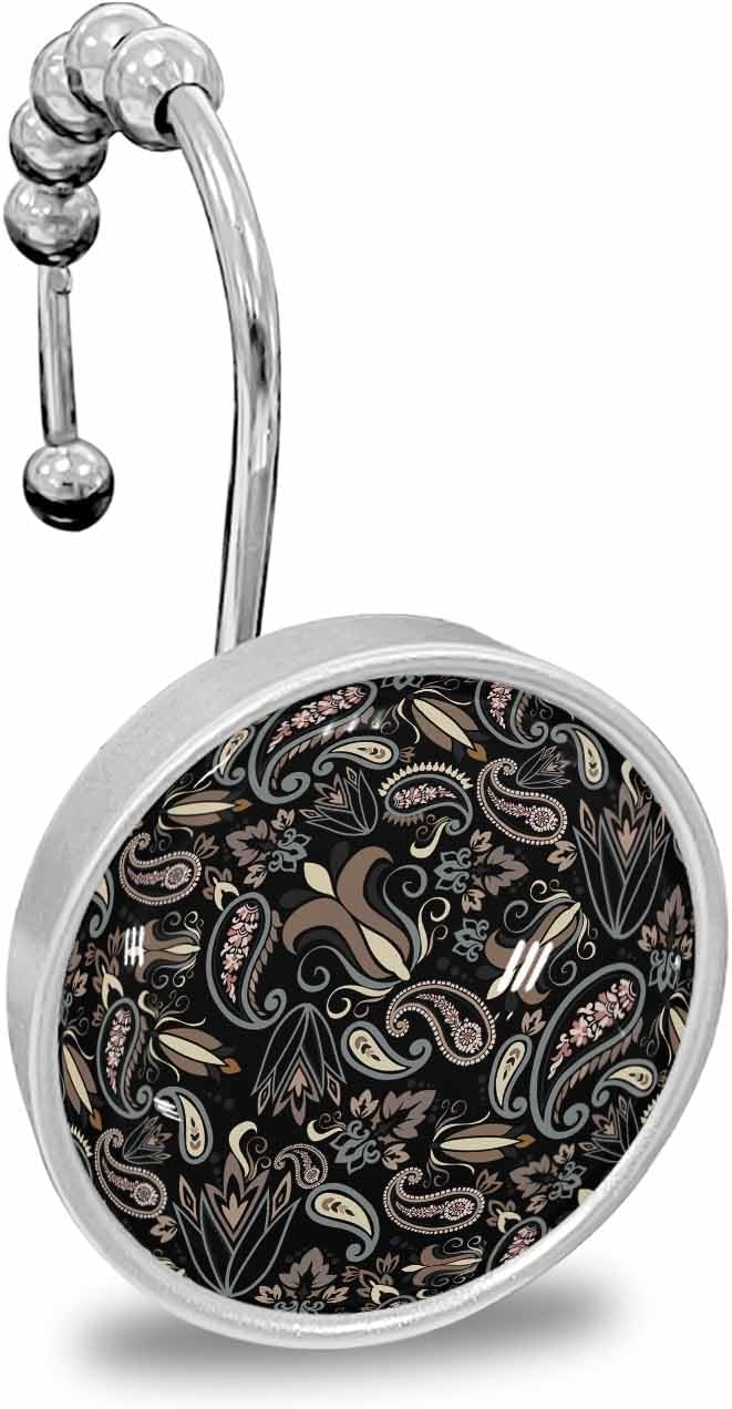 Paisley Shower Curtain Hooks 12 Pcs Black Brown Floral Abstract Retro Stainless Steel Rust Proof Rolling Shower Curtain Rings, Decorative Shower Curtain Hooks Hangers for Bathroom