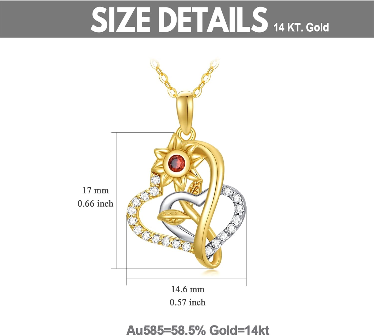 Solid 14K Gold Heart Sunflower Necklace for Women,White/Yellow Gold Moissanite Sunflower Necklaces | You are My Sunshine,Mothers Day Birthday Love Jewelry Gifts for Wife Mom 16"-18"