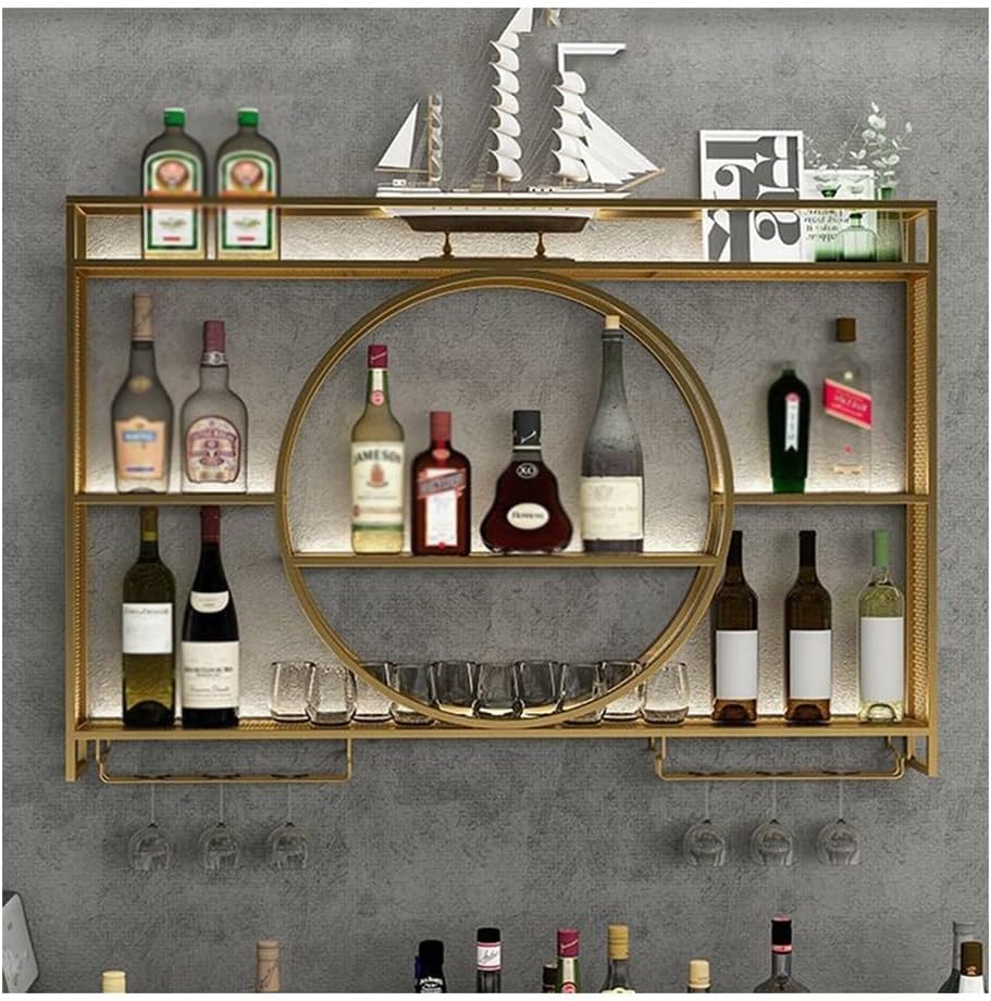 Metal Wine Display Rack with Floating Shelves for Home Bars Wall Mounted Wine Racks with Multi Functional Iron Bottle Holder (Gold 47.2x5.9x31.5in)