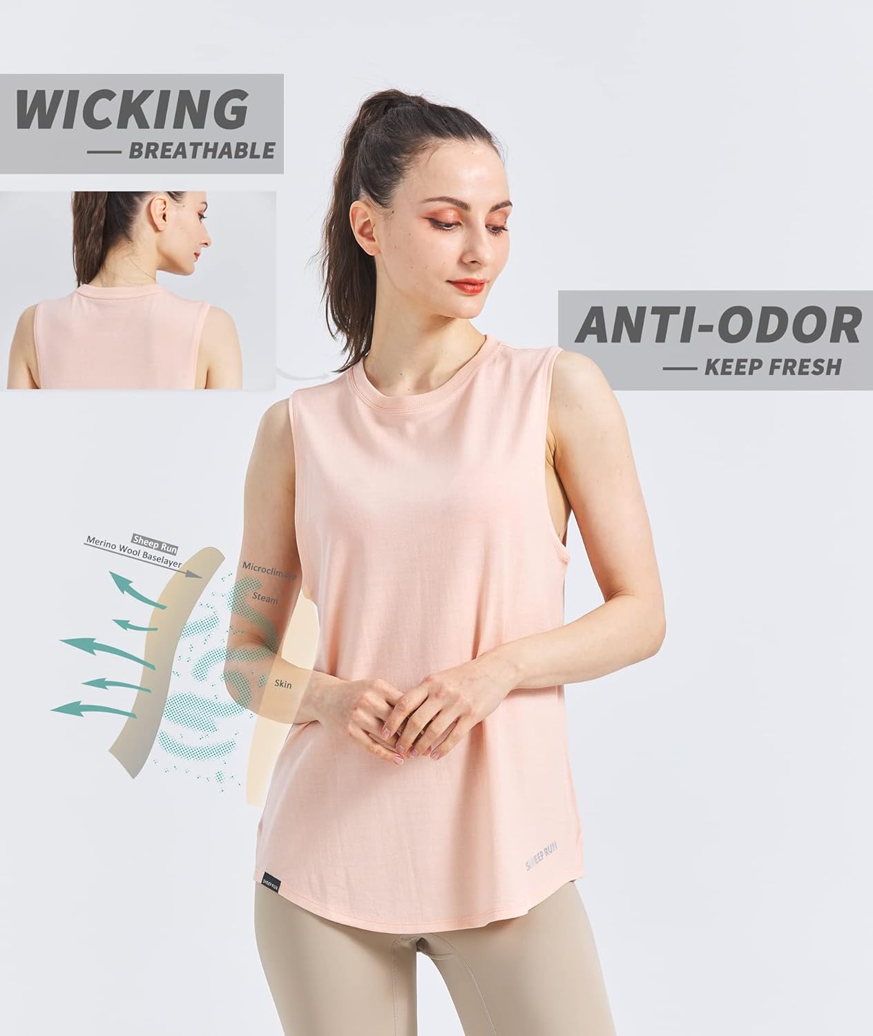 SHEEP RUN Merino Wool Tank Top Basic Yoga Shirt Wicking Breathable Light-Weight Shirt - Image 2