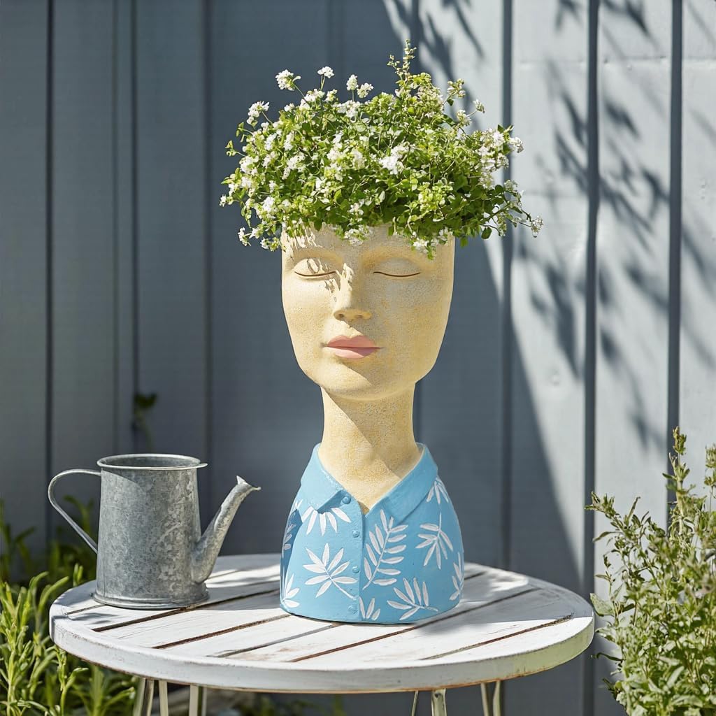 DiliComing Face Planter Pot Head Planter - Resin Blue Boy Head Planters for Indoor Outdoor Plants Decorative Flower Pot for Garden Home Office Bust Sculpture Plant Stand 5x6x10.5 Inch