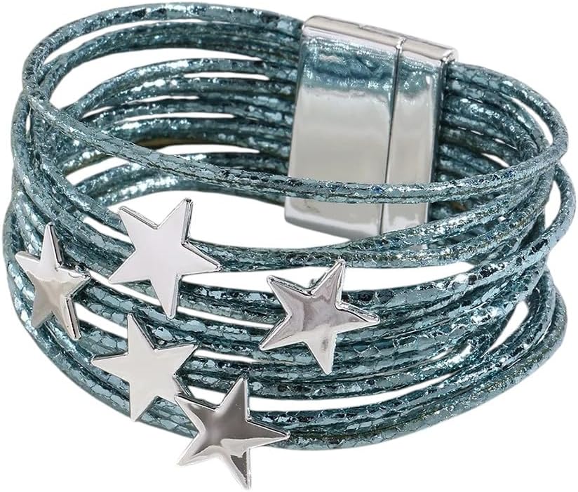 Glitter Filled Slim Strips Leather Bracelet for Women Fashion Kute Stars Multilayer Wrap Bracelets - Trendy Wrist Accessory, Suitable for Women Or Men
