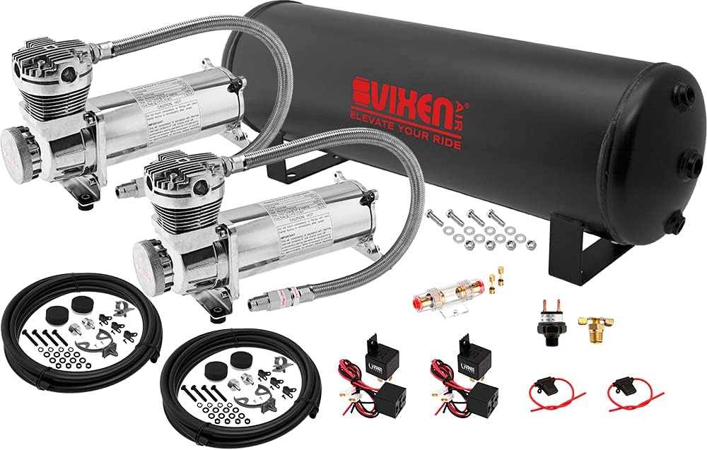 Vixen Air Suspension Kit for Truck/Car Bag/Air Ride/Spring. On Board System- Dual 200psi Compressor, 4 Gallon Tank. for Boat Lift,Towing,Lowering,Load Leveling,Bags,Onboard Train Horn VXO4841DC
