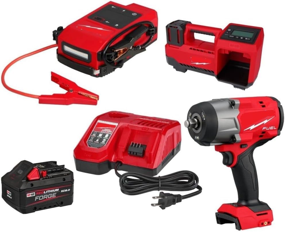 for Milwaukee d M18 Hotshot Jump Starter Starter XC8 0 Starter Kit Impact Wrench Tire Inflator Bundle