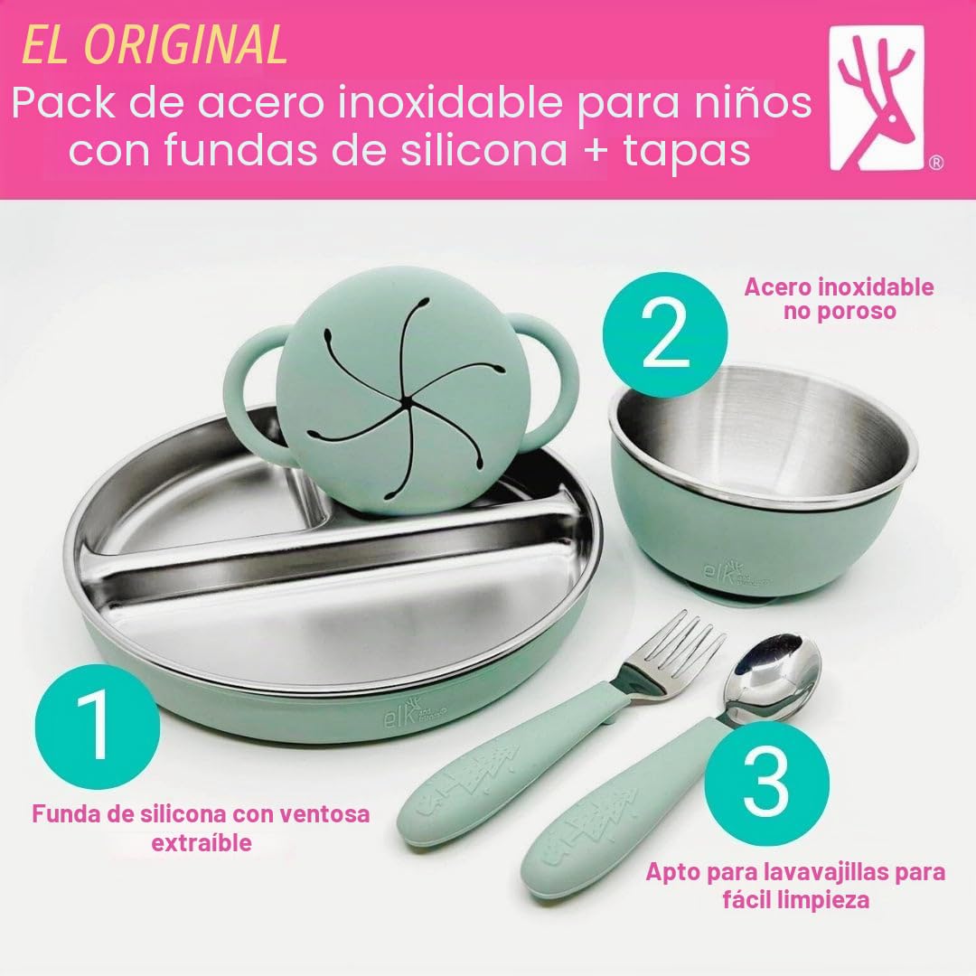 Elk and Friends Paquete de comida de acero inoxidable para niños | Platos, cuencos, tazas de aperitivos + utensilios para niños pequeños | Mangas de succión de silicona + tapas de almacenamiento de