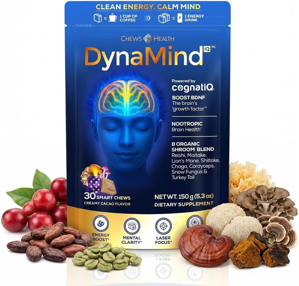 DynaMind iQ Brain Supplement for Memory and Focus for Adults - Nootropic Chews | Coffee Fruit & Mushroom Supplement Blend, Memory Focus Supplement, Caffeine Focus Pills Alternative, 30 Count