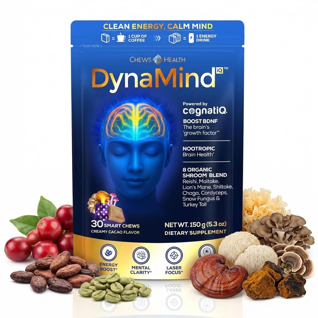 CHEWSHEALTH DynaMind iQ Suplemento mastigável para foco com CognatiQ 100 mg, blend de cogumelos 300 mg e cafeína 75 mg, 30 unidades