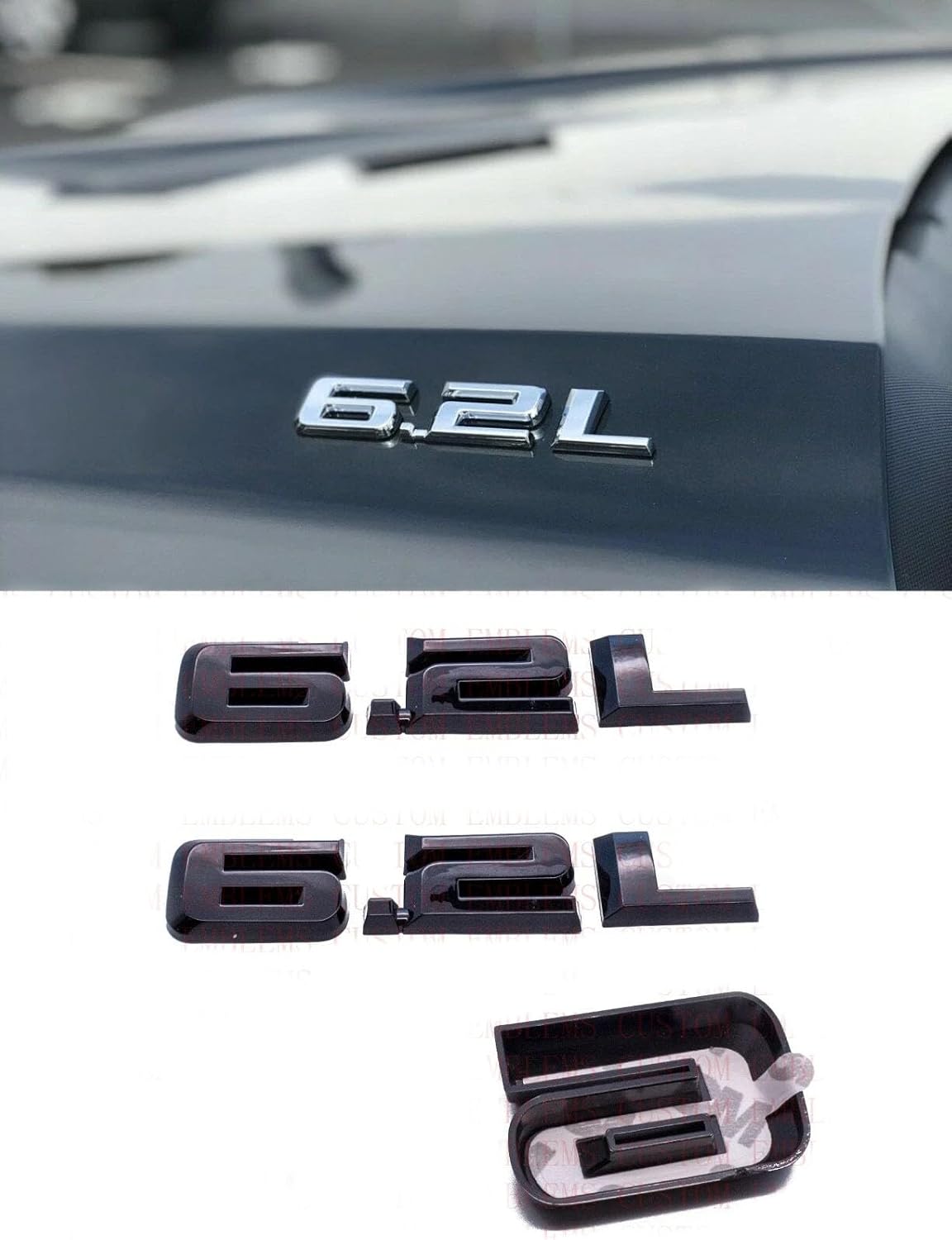 2Pcs Overlay 6.2L Emblems Car Badge Decal Compatible with 2019-2025 Silverado 6.2L Hood Emblem (Matte Black)