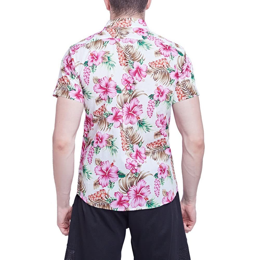 Camicia Maniche Corte Uomo, Camicia A Fiori da Uomo Stampa Fiori Rosa Camicia Hawaiana Bianca Camicia A Maniche Corte con Colletto Cubano Camicia da Spiaggia da Uomo Button Down Top