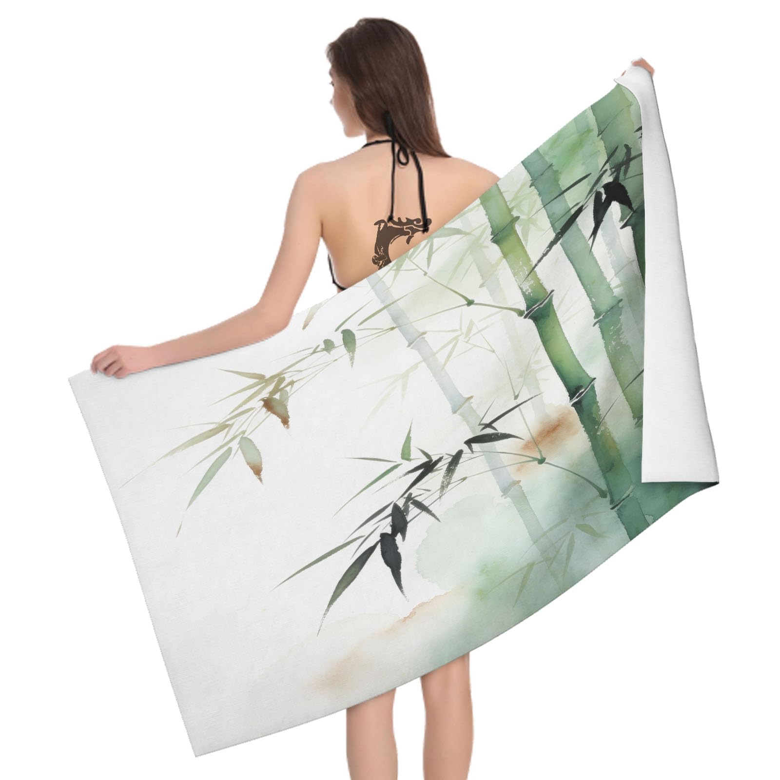 Leichong 3D Ink Wash Bamboo Beach Towel Large Microfiber Soft Quick Dry for Adults, Oriental Aesthetics Bath Towel Lightweight Soft Absorbent for Travel Swimming Pool Sports, 80 x 160 cm