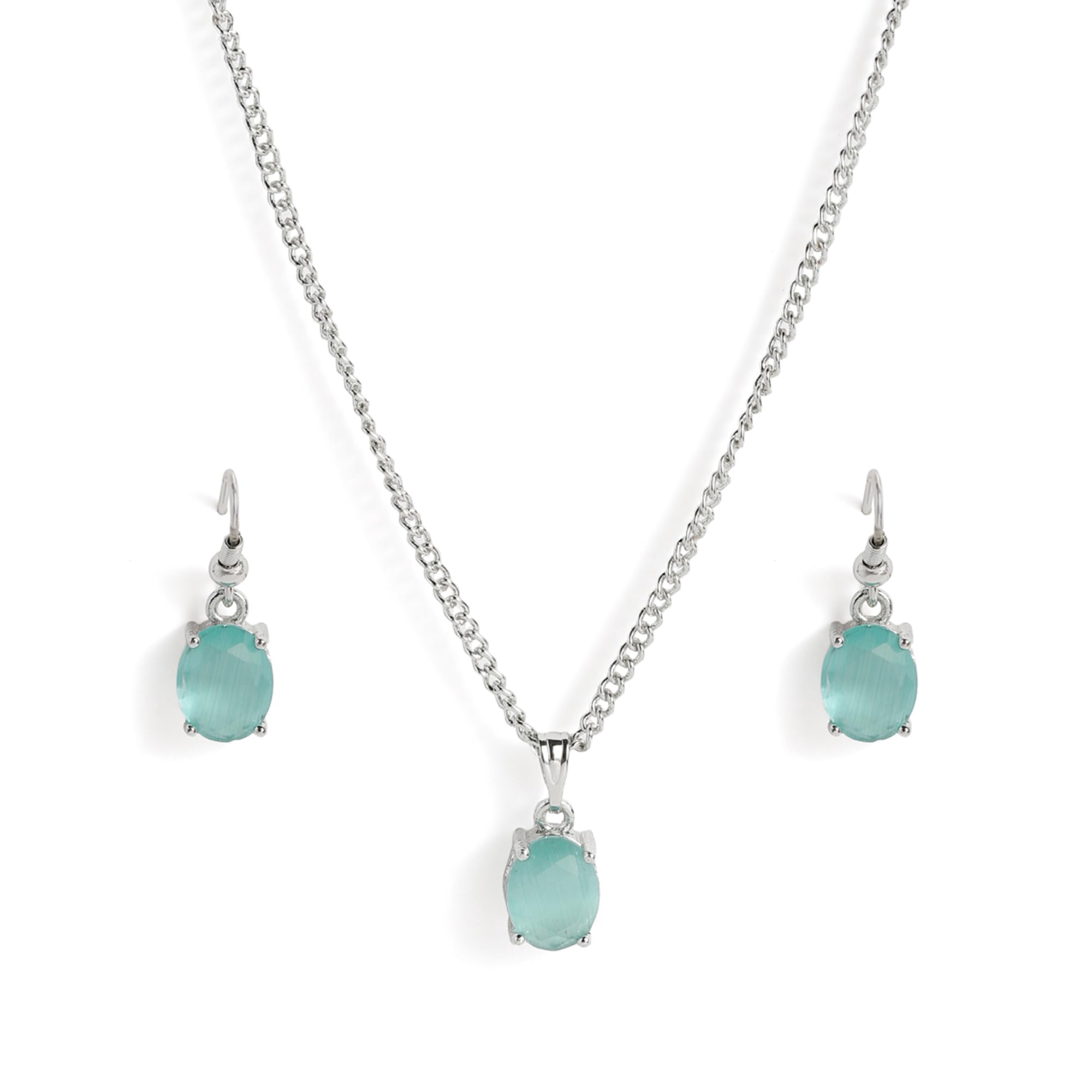 Glam American Diamond Oval Pendant Set – Rhodium Finish | Office & Everyday Accessory for Women & Girls-image-41