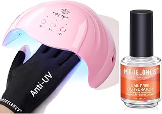 modelones Gel UV LED Nail Lamp with UV Gloves and Nail Primer, 15ml Acid Free Nail Dehydrator for Acrylic Nails and Gel Nail Polish, Fast Drying Prep Dehydrator Base Varnish Manicure Bonder Liquid