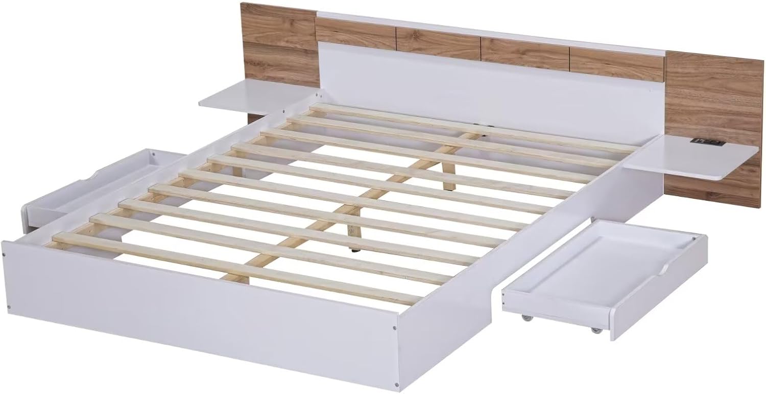 Image showing the bed frame with wood slats installed and a drawer pulled out