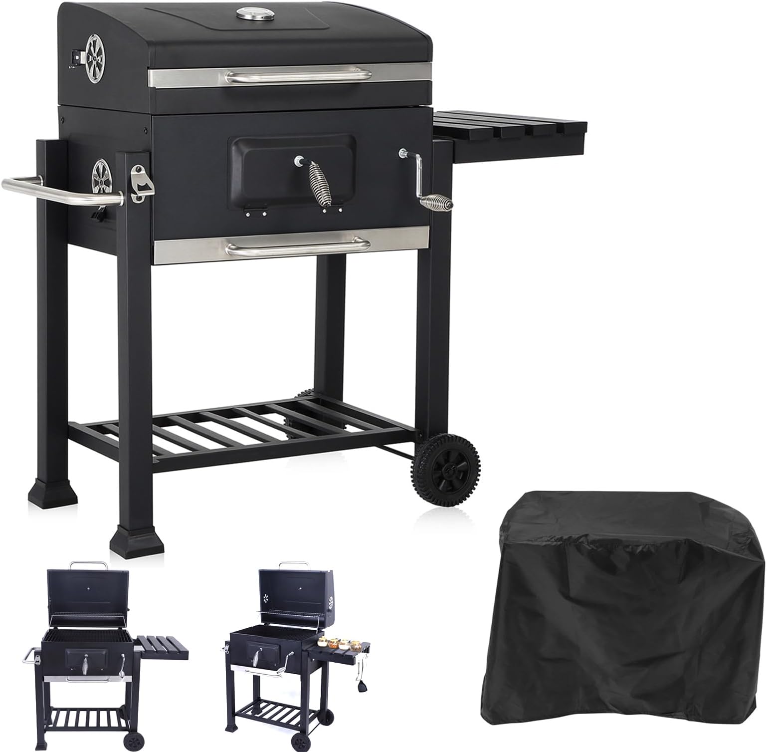 Large Charcoal BBQ Grill - Smoker BBQ Trolley - XL Coal Barbecue Grill - with Adjustable Grills, Built-in Temperature Gauge, Bottle opener, Pull-out ash tray - FREE RAIN COVER (Large)