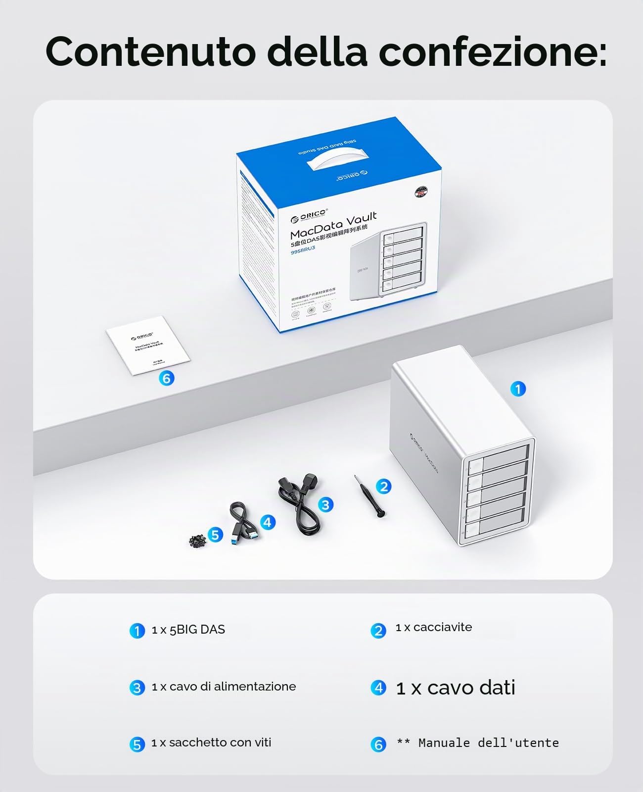 ORICO Enclosure RAID 5 Alloggiamenti per Dischi Rigidi HDD/SSD SATA da 2,5/3,5 Pollici Fino a 5 x 22 TB, Docking Station USB 3.0 in Alluminio per Dischi Rigidi, Supporta RAID 0/1/5/10/PM (9958RU3)