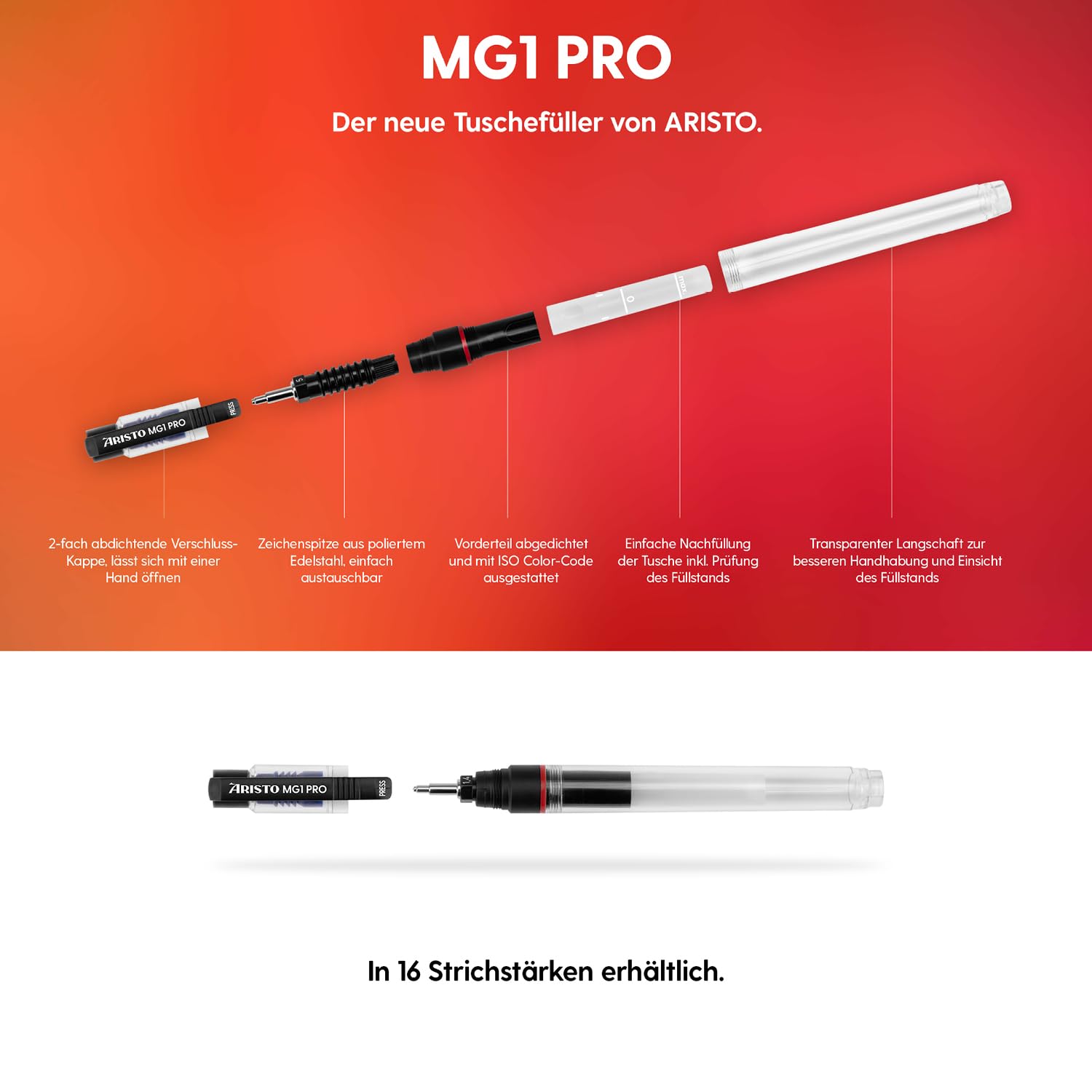 Aristo AH64308 mg1 Pro Tuschefüller College Set 6-teilig (3 Tuschefüller mg1 Pro, Strichstärken 0,25/0,35/0,5 mm, Geo-Pen Feinminenstift 0,5 mm mit 12 Ersatzminen, Zeichentusche schwarz)