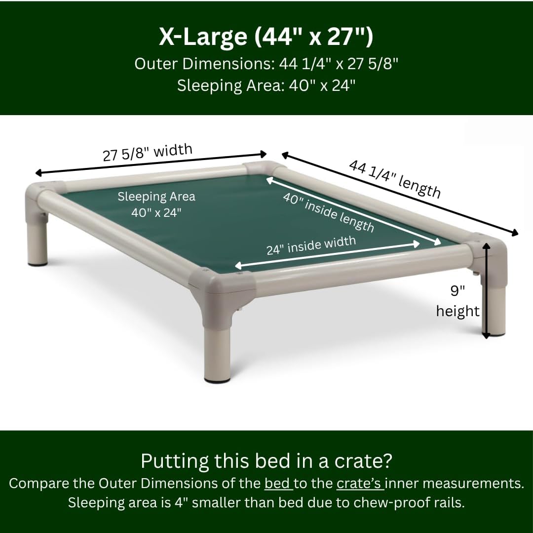 Kuranda Chewproof Elevated Pet Bed - Almond PVC - 44" x 27" - Ballistic Nylon - Forest Green