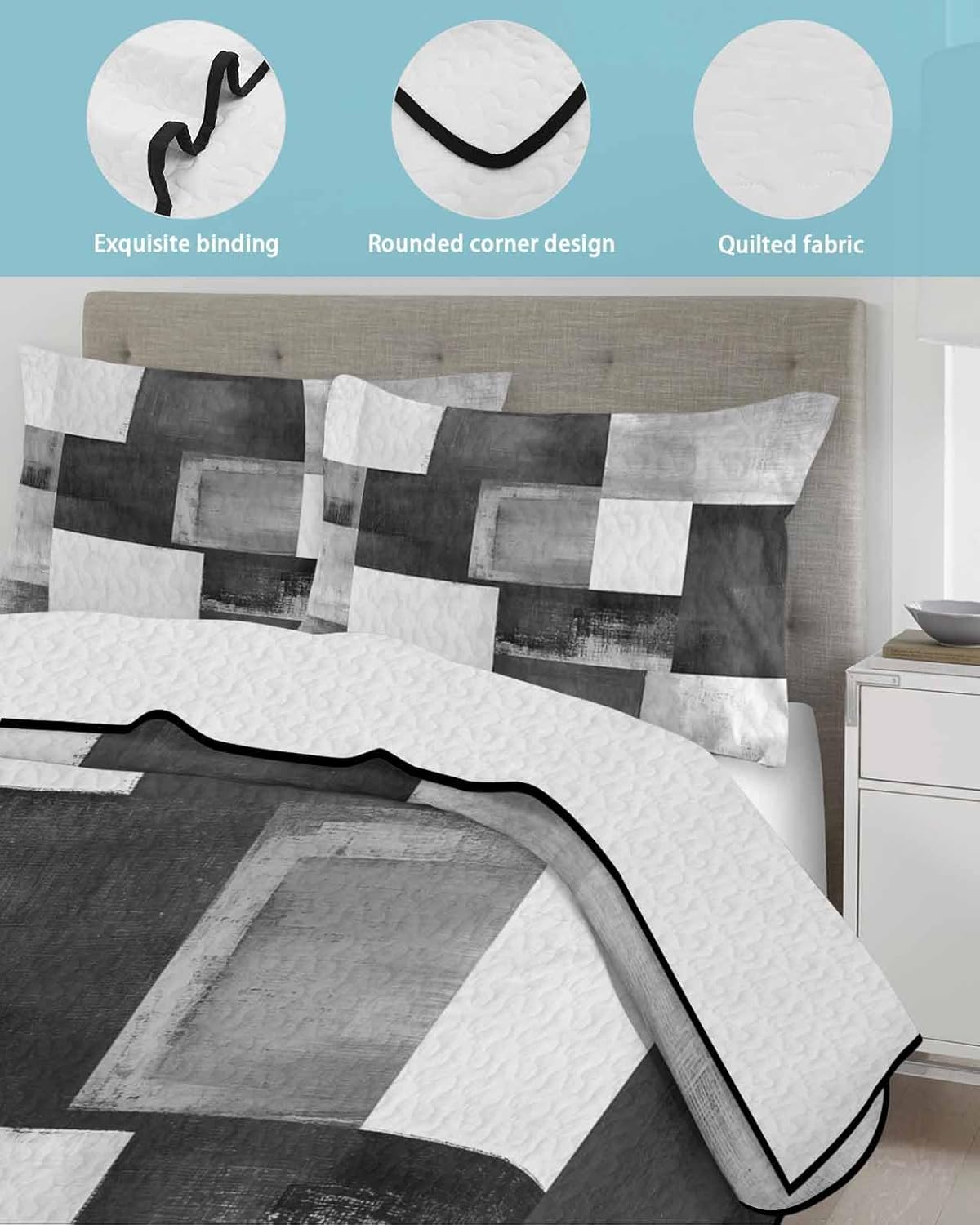 Twin XL Quilt Bedding Set, Abstract Black Grey Color Block Lightweight Coverlet Summer Comforter Set Soft Microfiber Bedspread, Modern White Checkered Plaid 3 Piece Quilt Set with 2 Pillow Shams