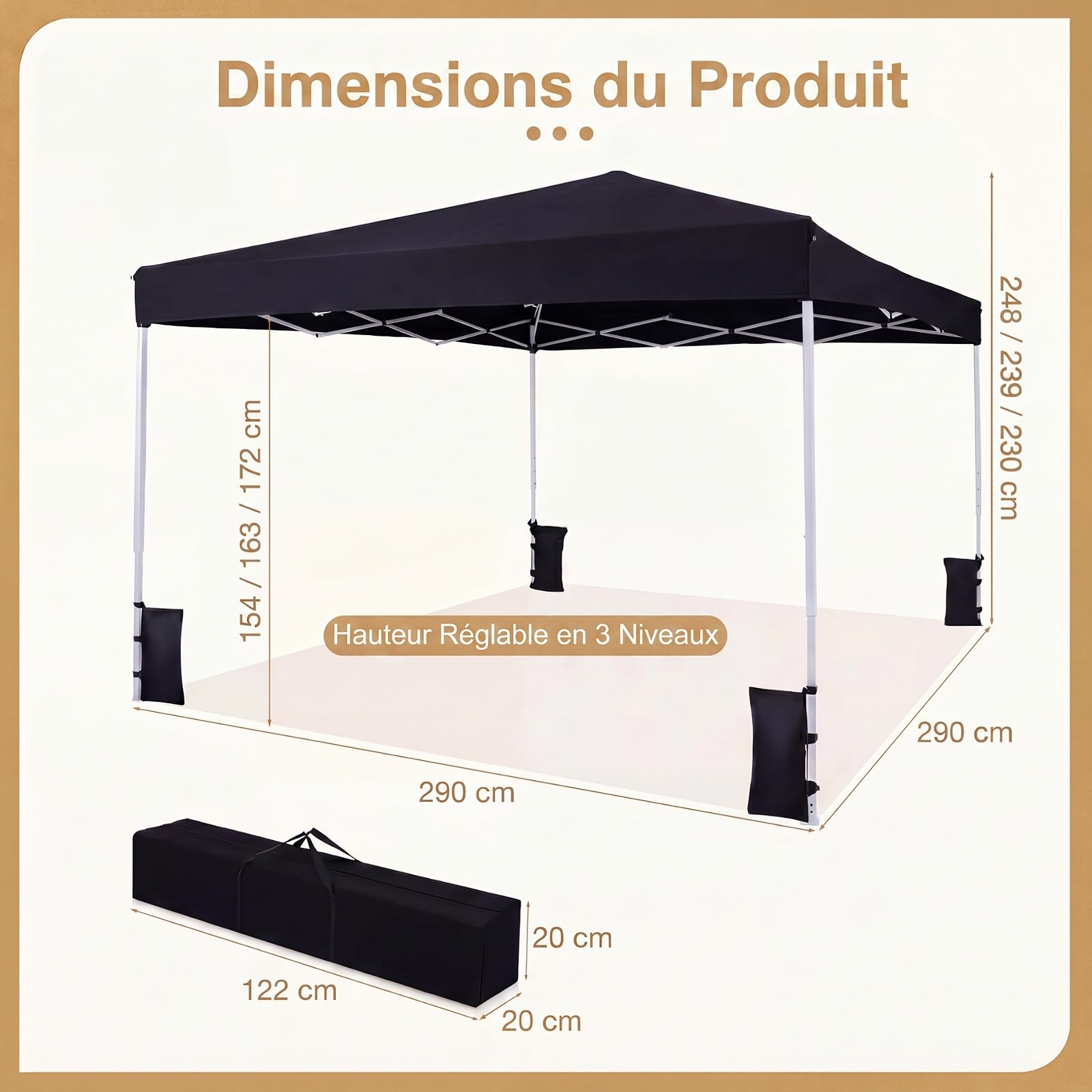 RELAX4LIFE Tonnelle Pliante 3x3 Imperméable, Barnum Pliant Facile à Monter, Protection Solaire UPF50+, Tissu Oxford Argenté, Cadre Métallque, Sac Inclus, Gazebo 3x3 pour Terrasse Marché Camping (Noir)
