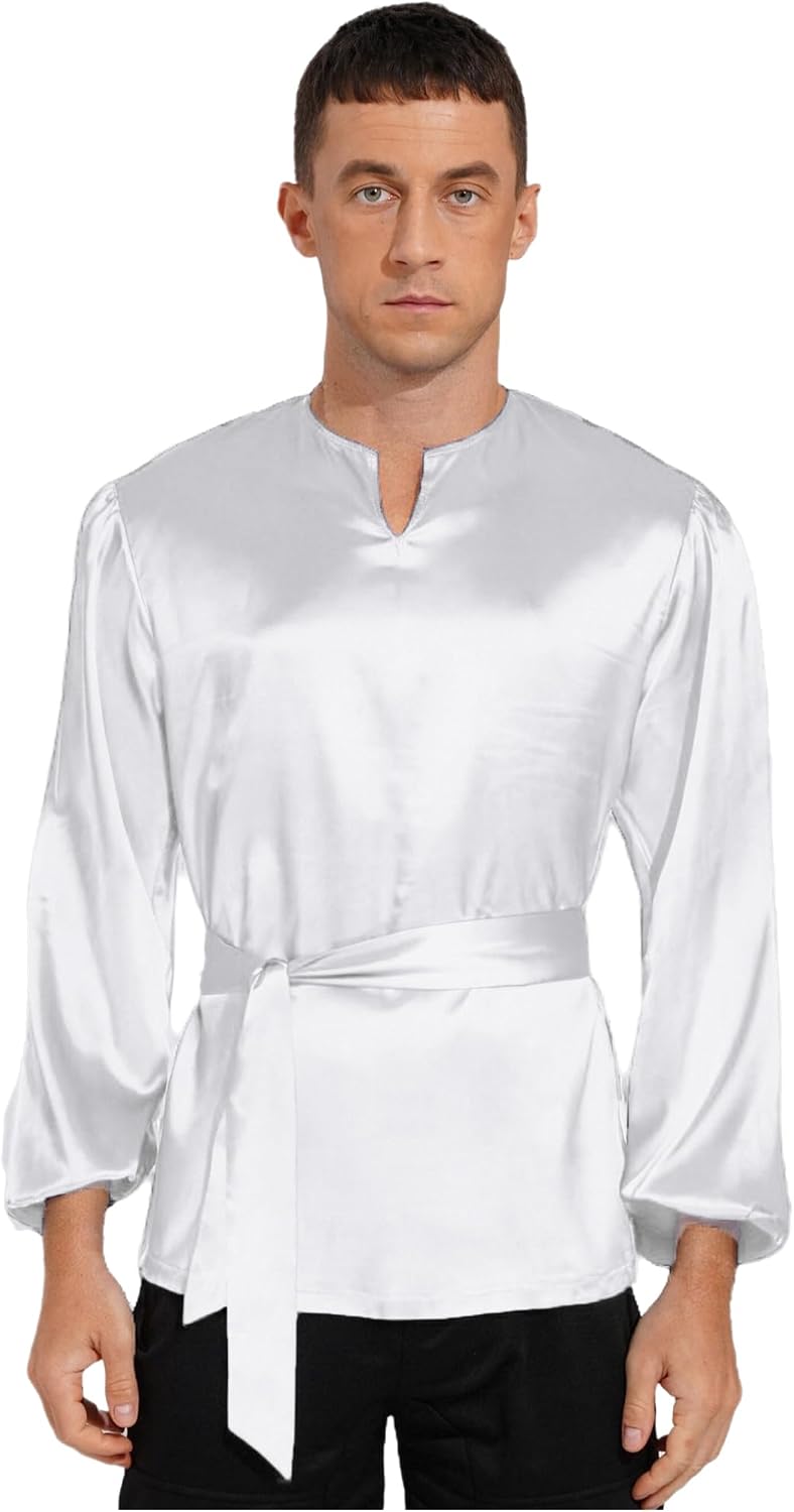 Freebily Men's Liturgical Praise Dance Tops Satiny Shirt Tops with Belt Church Worship Dance Costume