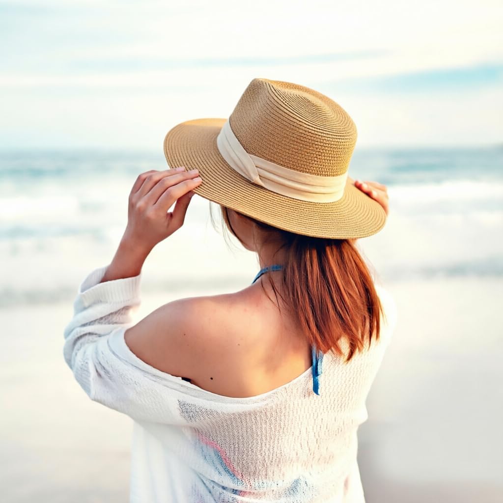 DRESHOW Women Straw Panama Hat Travel Fedora Beach Sun Hat Summer Wide Brim Straw Roll up Hat UPF 50+