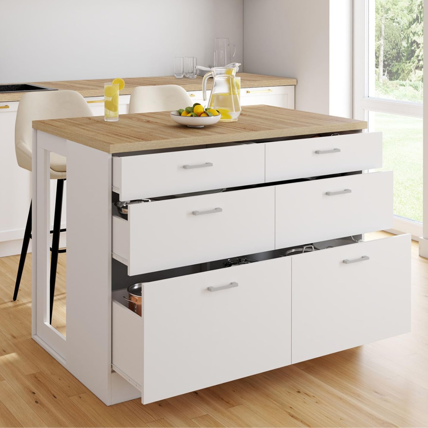 IDMarket - Ilot Central Mange-Debout Orso 120 cm casserolier 6 tiroirs Blanc avec Plan de Travail façon hêtre