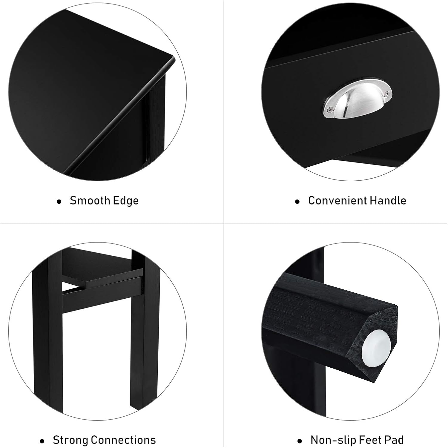 Close-up images highlighting smooth edges, a convenient drawer handle, strong connections, and non-slip feet pads of the desk.