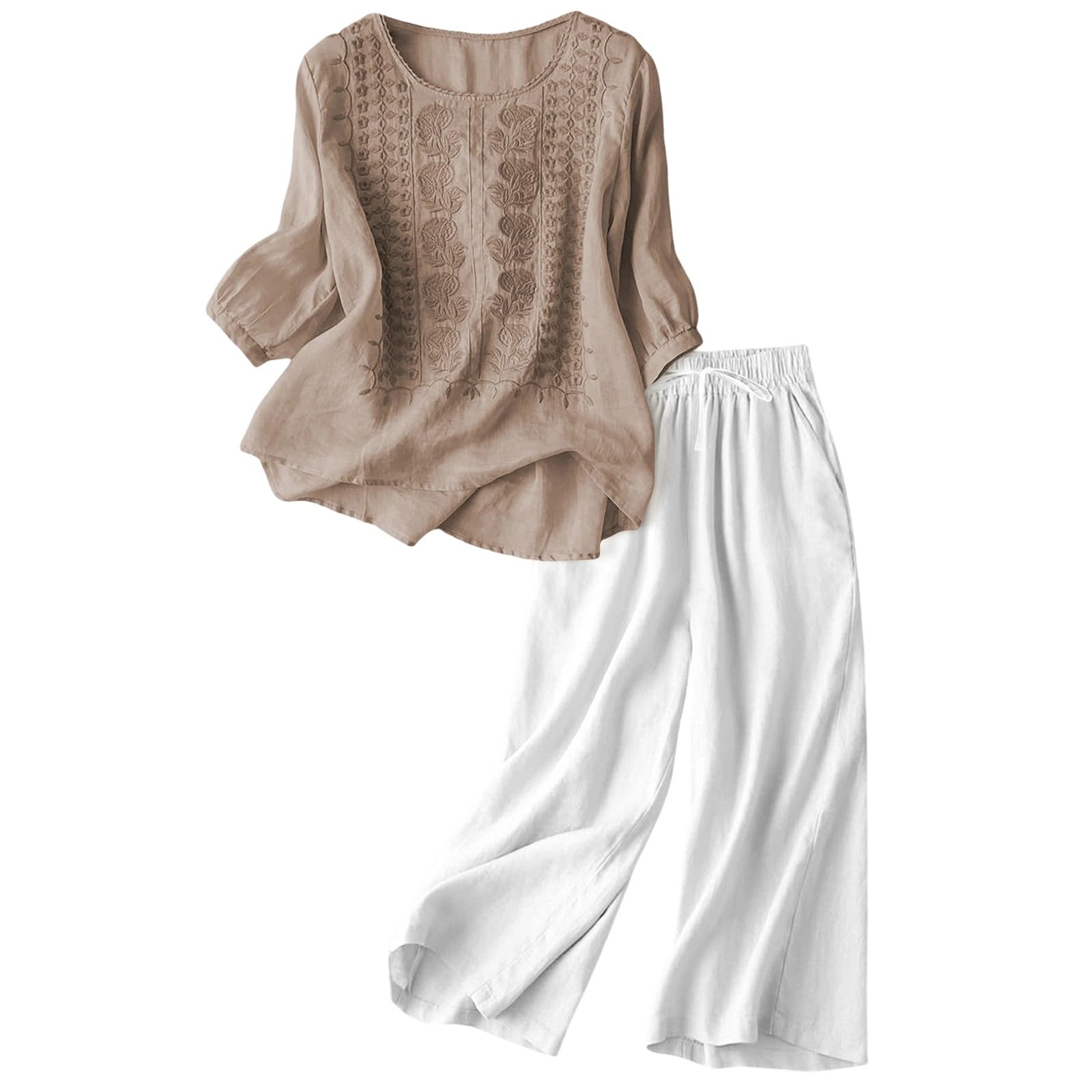 Ensemble Femme Pantalon et Haut Fluide en Lin 2 Pieces Pantalon Large Fluide + Chemise Manches Longues Lin Printemps Été Ample Respirant Ensembles de Vêtements Décontracté Tenue Plage Loungewear