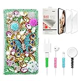 STENES Bling Wallet Luxury Phone Case Compatible with Samsung Galaxy Z Fold 6, Stylish 3D Handmade Butterfly Rose Flowers Design Leather Cover with Screen Protector & Cable Protector - Green