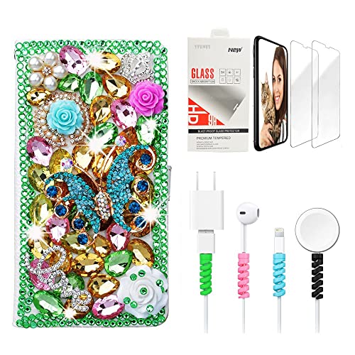 STENES Bling Wallet Luxury Phone Case Compatible with Samsung Galaxy Z Fold 6, Stylish 3D Handmade Butterfly Rose Flowers Design Leather Cover with Screen Protector & Cable Protector - Green