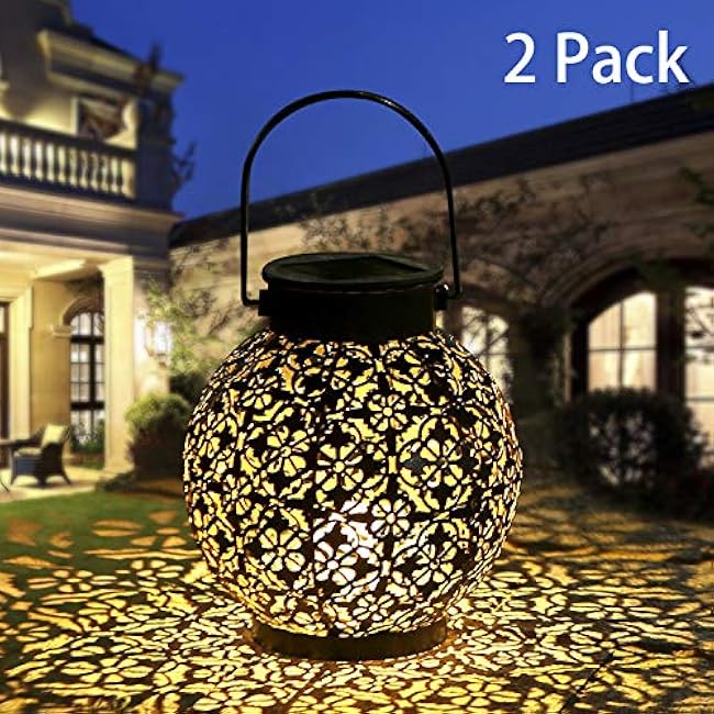 Solar Lanterns Outdoor Hanging Solar Lights Decorative Garden Lights Metal Waterproof Table Lamp for Patio Porch Backyard Pathway (2 Pack)