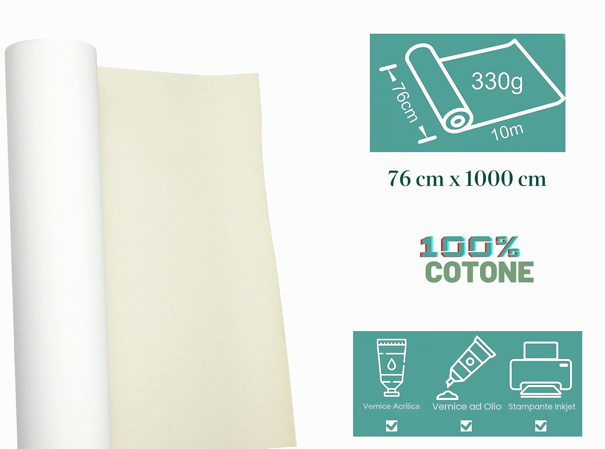 EXERZ Rotolo di tela di cotone 76 cm x 10 m, 330 gsm - Pittura acrilica, pittura a olio, stampa a getto d'inchiostro - Materiale di alta qualità per capolavori artistici.