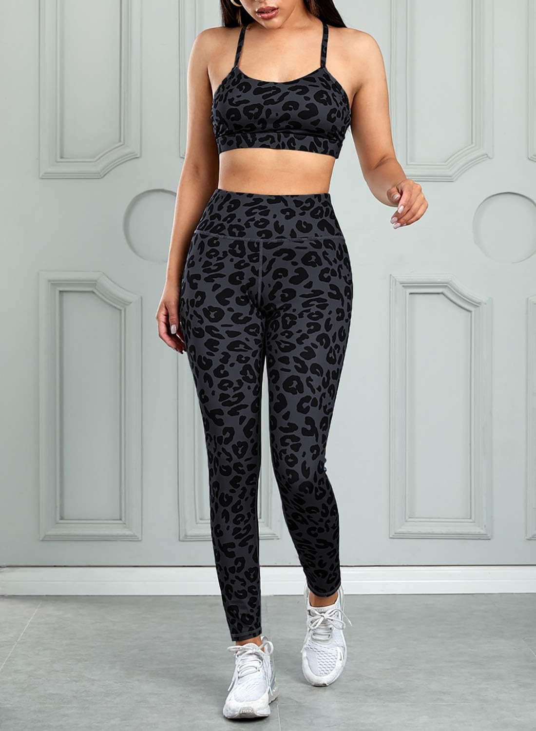 Womens Yoga Outfits 2 Piece Set Workout Athletic Leopard Print Leggings and Sports Bra Set Gym Clothes
