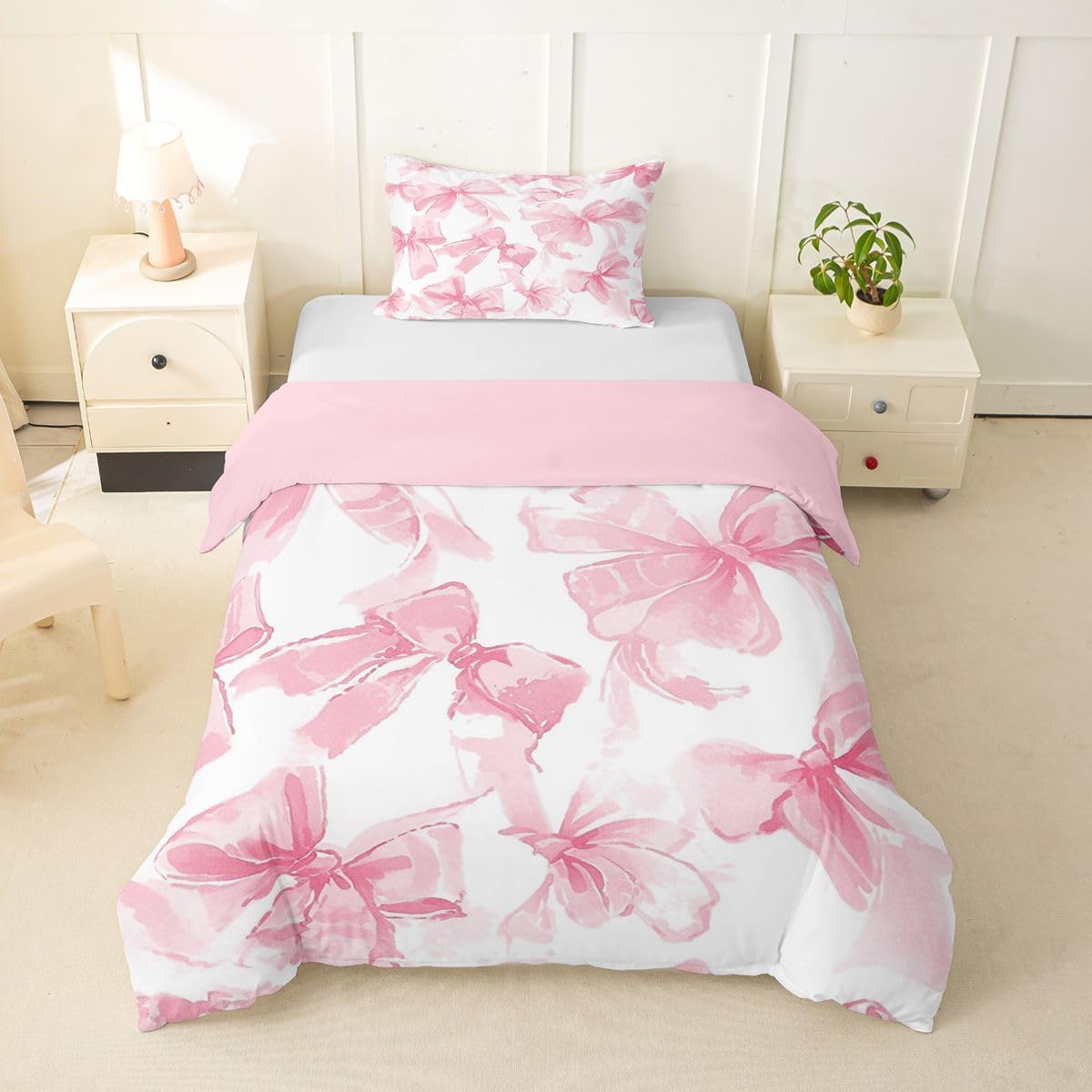 Loussiesd Pink Bows Duvet Cover Single Size Bows for Boys Girls Bow Knot Bedding Set 2Pcs Room Decor Breathable Soft Lightweight Microfiber
