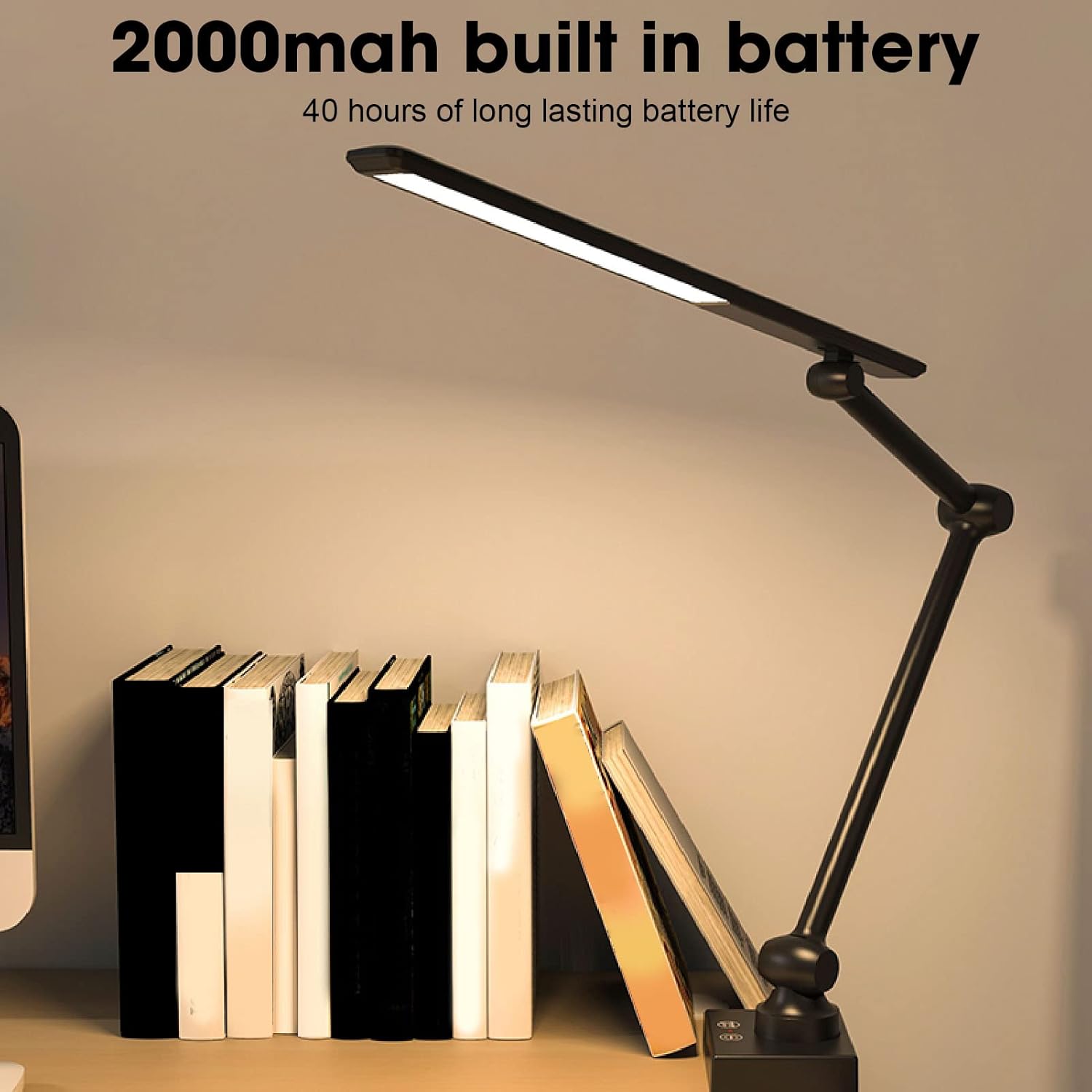 Yoidesu Adjustable LED Desk Lamp, Touch Control Dimmable Table Light with 3 Color Modes, Rechargeable USB Output, 45 Minutes Timing, Multi Angle Lighting, for Studying, Reading