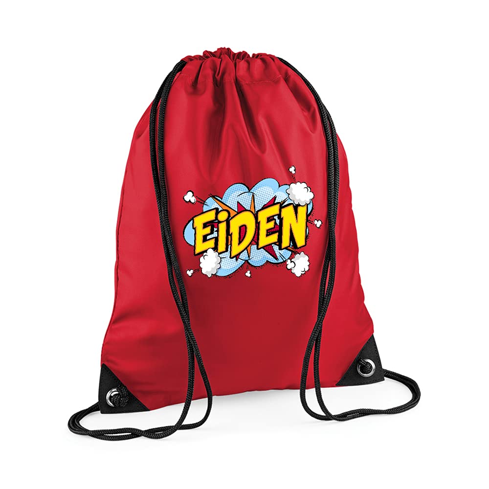 Personalised with Any Name Comic Pop Art Themed Gift for Children, Kids, Girls/Boys, Back to School, Premium Drawstring Bag, PE Gym Kit School, Swimming, PE Kids Sport Rucksack. (Classic Red)