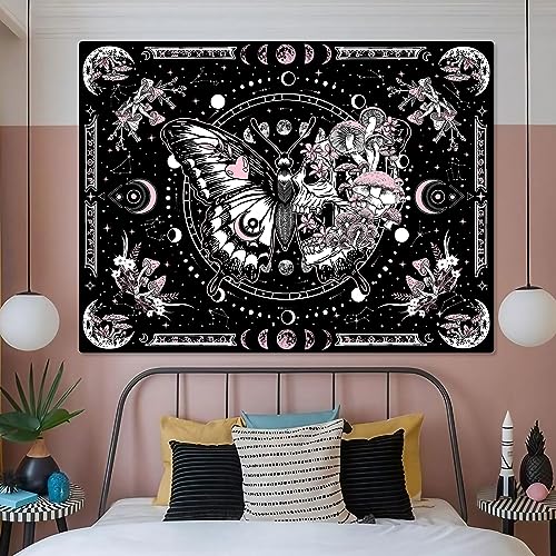 Fungarth Skeleton Butterfly Tapestry Pink Skull Hippie Mushroom Plants Tapestry for Bedroom Moon phase Aesthetic Tapestries Wall Hanging for Living Room Dorm (Pink, 48” x 36”) by Fungarth - Used condition - Image 2