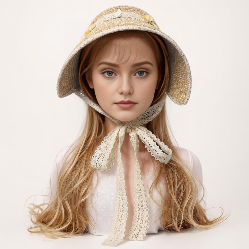 CAMDOM Viktorianischer Damen Sonnenhut Schleifen Flach Strohhut mit Lolita Spitzenbänder Cosplay Kleidung Zubehör für Halloween und Karneval
