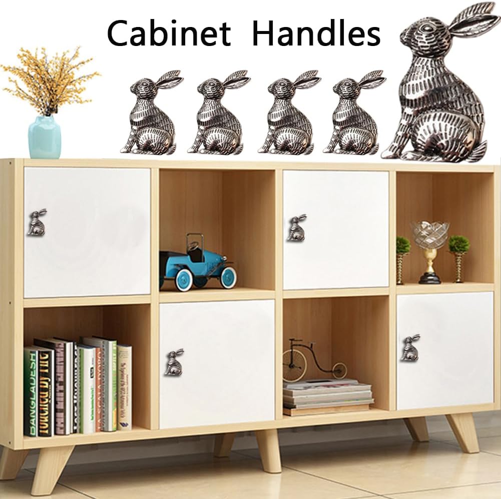 6Pcs Rabbit Cabinet Knobs, Metal Rabbit Cabinets Handles, Decorative Drawer Pulls, Single Hole Handle, Unique Animal Hardware for Home Furniture Kitchen Wardrobe Cabinet Cupboard Door (Retro Silver)